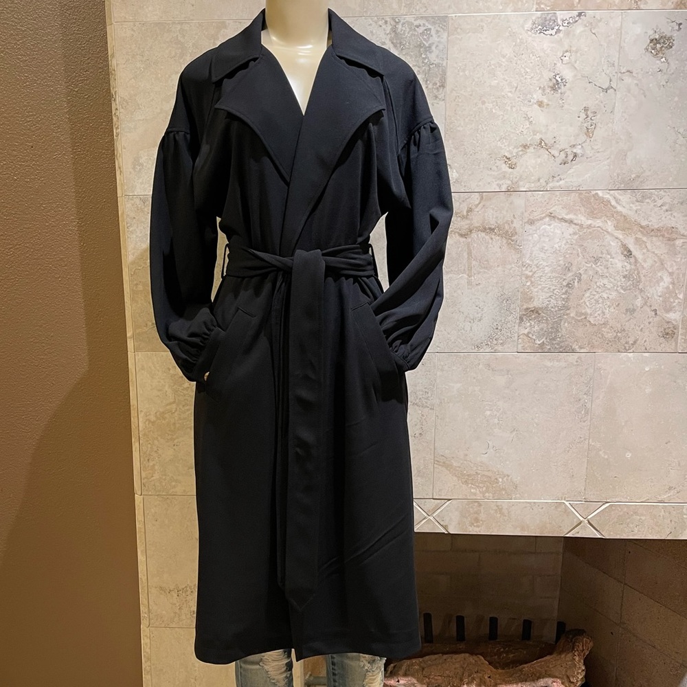 TAHARI black long-line open front trench coat w/belt NWT